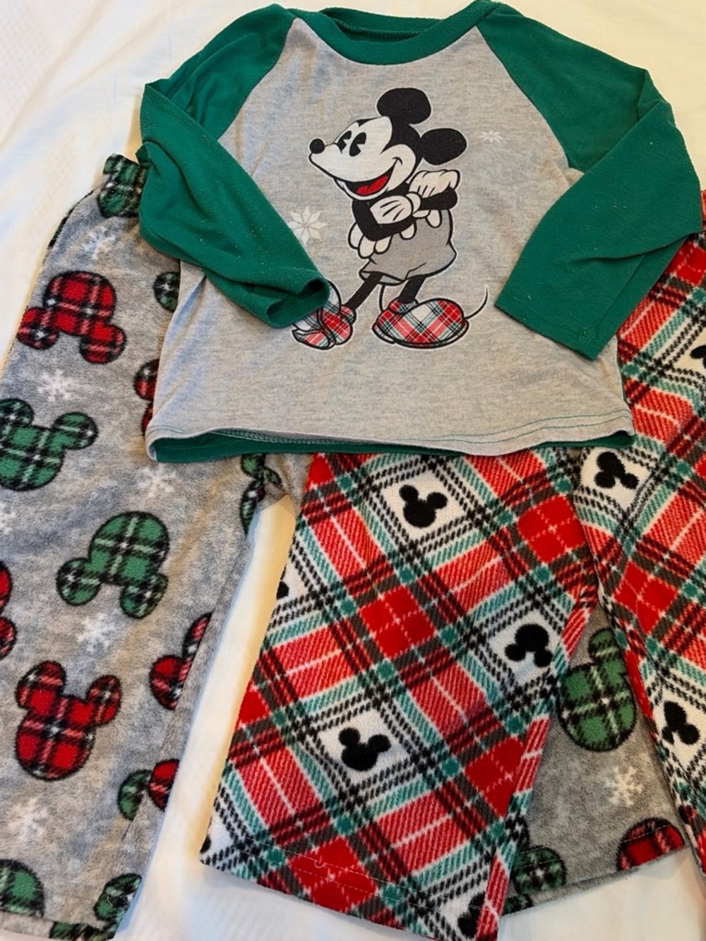 Disney Green and Gray Mickey Mouse Pajama Set with Plaid Pants